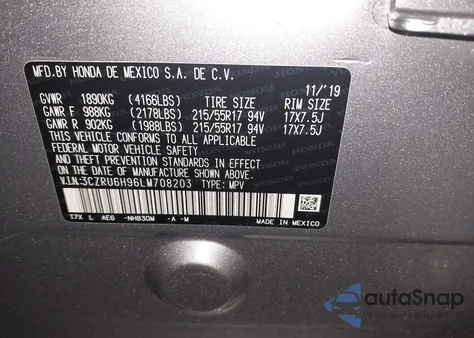 2020 Honda Hr-V Awd Touring from USA, damaged, VIN 3CZRU6H96LM708203